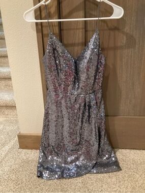 Women junior b darlin Silver Sequin Mini Dress V-neck spaghetti strap prom dress